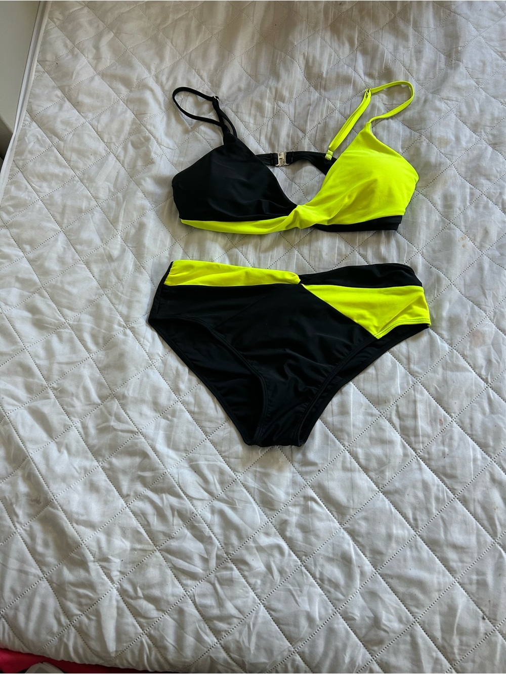 SHEIN Neon Yellow and Black Colorblock High-Waist Bikini Set